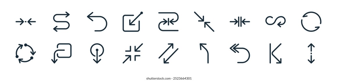 modern arrow icon pack. perfect for linear ui designs featuring vector vertical resize, bouncing, replay, up left arrow, up and down arrow, zoom out, drag down and more icons for mobile and web