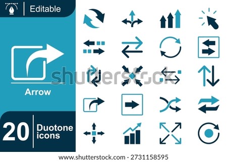 Modern arrow icon set with duotone contrast, representing navigation paths, direction changes, progress, and movement, suitable for UI systems, infographics, and digital product design.