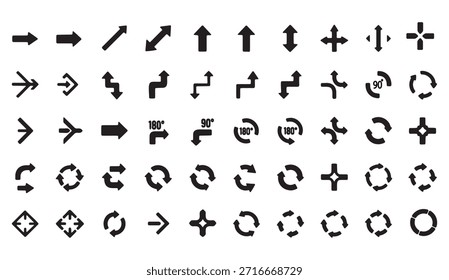 Ícones de seta modernos para design de interface de usuário, incluindo setas retas, curvas e rotacionais.