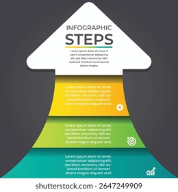 Modern arrow infographic with 3 colorful step banners and icons on dark background.