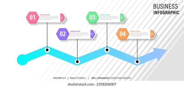 Plantilla infográfica moderna de flecha con 4 pasos. Plantilla de círculo de negocios con opciones para folleto, diagrama, flujo de trabajo, línea de tiempo, diseño web. Vector