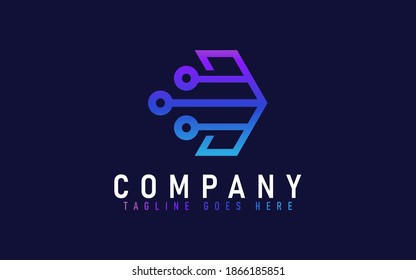 Logo de flecha moderna. Flecha de degradado púrpura moderna con forma de estilo técnico. Plantilla gráfica de diseño de logotipo de vectores planos.