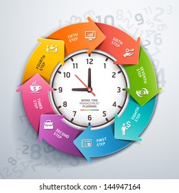 Modern arrow work time management planning infographics template. Vector illustration. can be used for workflow layout, diagram, number options, step up options, banner, web design