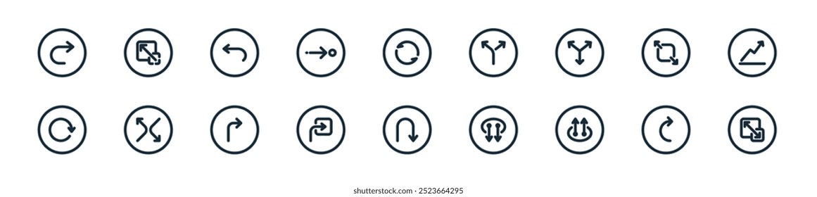 moderno arrows ícone pack. perfeito para projetos de interface do usuário linear com vetor maximizar, semicircular, deslizar para cima, deslizar para baixo, u turno, entrar, virar à direita e mais ícones para aplicativos móveis e web.
