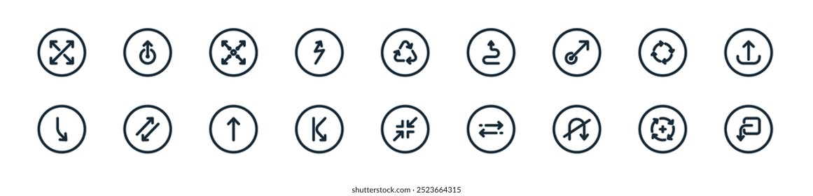 modern arrows icon pack. perfect for linear ui designs featuring vector log out, increase, no u turn, swap, zoom out, bouncing, one way and more icons for mobile and web apps.