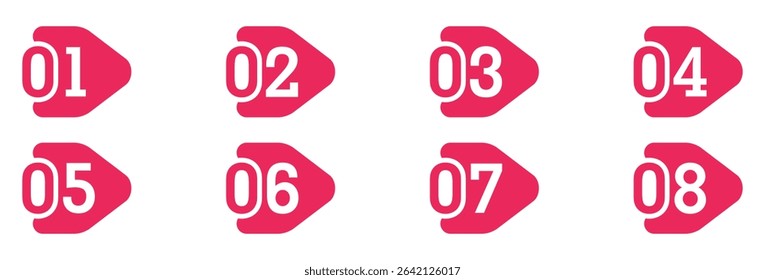 Modern arrow-shaped vector number set from 01 to 08 in bold pink color. Flat design perfect for infographics, lists, steps, guides, presentations, or UI elements.