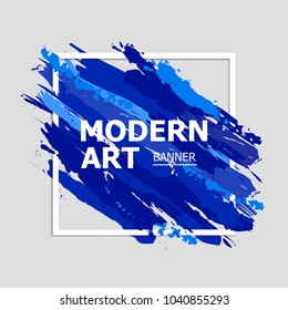 Modern art abstract banner. Vector square frame for text with blue paintbrush lines.