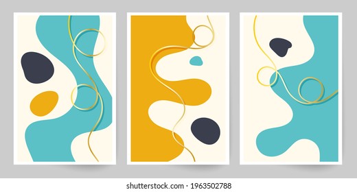 Modern art. Abstract cover template. Set of geometric shapes and lines. Imitation watercolor painting texture brochure design. Minimalist hand painted shapes, gold lines.