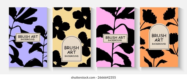 Arte moderno abstracto Concepto creativo de la cubierta o de la tarjeta fijada con las hojas, las plantas, las flores y las líneas del cepillo. Plantilla de diseño de estilo minimalista.