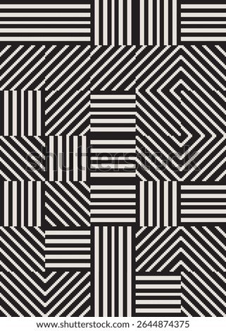 Modern art abstract poster design featuring black and white pixel art lines. Vector minimalist avant-garde vertical background illustration