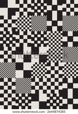 Modern art abstract poster design featuring black and white pixel art squares. Vector minimalist avant-garde vertical background illustration