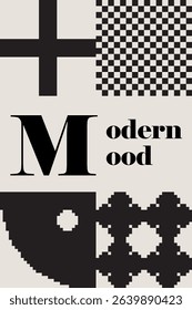 Modern art abstract poster featuring different pixel art bold geometric shapes, modern mood typography, vector minimalist black and white background, Bauhaus avant-garde style inspired graphics