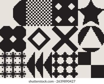 Modern art abstract poster featuring different pixel art bold geometric shapes, vector minimalist black and white background, Bauhaus avant-garde style inspired graphics