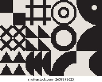 Modern art abstract poster featuring different pixel art bold geometric shapes, vector minimalist black and white background, Bauhaus avant-garde style inspired graphics