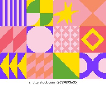 Modern art abstract poster featuring different pixel art bold geometric shapes, vector minimalist colorful background, Bauhaus avant-garde style inspired graphics