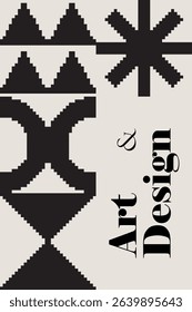 Modern art abstract poster featuring different pixel art bold geometric shapes, art and design typography, vector minimalist black and white background, Bauhaus avant-garde style inspired graphics
