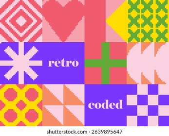 Modern art abstract poster featuring different pixel art bold geometric shapes, phrase retro colored, vector minimalist colorful background, Bauhaus avant-garde style inspired graphics