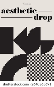 Modern art abstract poster featuring different pixel art bold geometric shapes, aesthetic drop typography, vector minimalist black and white background, Bauhaus avant-garde style inspired graphics