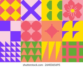 Modern art abstract poster featuring different pixel art bold geometric shapes, vector minimalist colorful background, Bauhaus avant-garde style inspired graphics