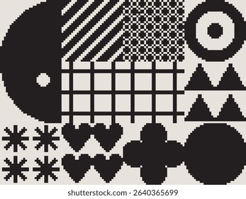 Modern art abstract poster featuring different pixel art bold geometric shapes, vector minimalist black and white background, Bauhaus avant-garde style inspired graphics
