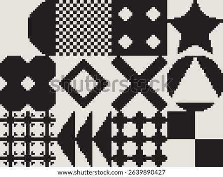 Modern art abstract poster featuring different pixel art bold geometric shapes, vector minimalist black and white background, Bauhaus avant-garde style inspired graphics