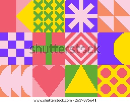 Modern art abstract poster featuring different pixel art bold geometric shapes, vector minimalist colorful background, Bauhaus avant-garde style inspired graphics