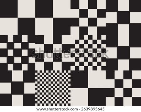 Modern art abstract poster featuring different pixel art bold geometric shapes, vector minimalist black and white background, Bauhaus avant-garde style inspired graphics