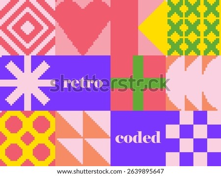 Modern art abstract poster featuring different pixel art bold geometric shapes, phrase retro colored, vector minimalist colorful background, Bauhaus avant-garde style inspired graphics
