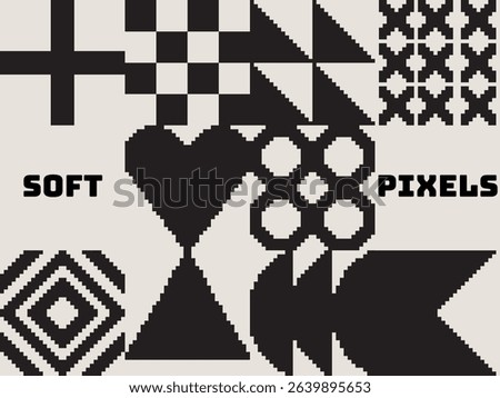 Modern art abstract poster featuring different pixel art bold geometric shapes, phrase soft pixels, vector minimalist black and white background, Bauhaus avant-garde style inspired graphics