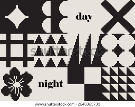 Modern art abstract poster featuring different pixel art bold geometric shapes, phrase day and night, vector minimalist black and white background, Bauhaus avant-garde style inspired graphics