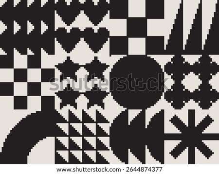 Modern art abstract poster featuring different pixel art bold geometric shapes, vector minimalist black and white background, Bauhaus avant-garde style inspired graphics
