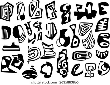 modern art abstract shapes and forms graphic set, isolated vector illustration 