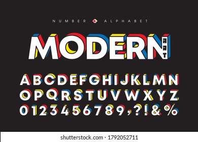 Modern art alphabet and number set. Stylish block font or typeface for headline, title, poster, web design, brochure, layout or graphic print. Flat vector 3D letters & number.