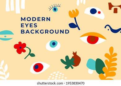 Modern art background with abstract eyes, floral, geo shapes. Gorizontal poster simple shapes Matisse inspired. Geometric doodle, flowers, fruits. Hand drawn eyes in bright colors. Vector illustration