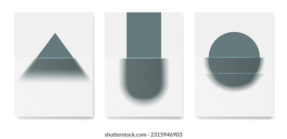 Modern art background with blurred geometric objects behind glass with grain texture. Vector set of posters for decor, print, textile, wallpaper, banner, interior design.