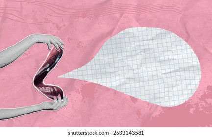 Colagem de arte moderna. Mãos femininas segurando boca gritando e balão bolha para publicidade ou notícias. Resumo do conceito da apresentação da informação sobre fundo rosa.