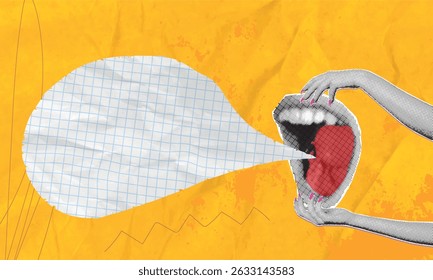 Modern art collage. Female hands holding screaming mouth and speech bubble for advertisement or news. Information presentation concept abstract on yellow background.