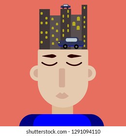 Modern art collage. a man sits at work thinking about how he will go home, night city, car, crazy illustration, abstract art, surrealism, exaggeration, comparison, futurism and fantasy. vector