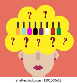 Modern art collage. woman is thinking about choosing nail polish. She has a lot of nail polish and wants to buy another one. Flour choice nail polish. Manicure. Surrealism, exaggeration, comparison