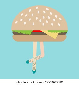 Modern art collage, Zine Culture, funny illustration, exaggeration, comparison, surrealism, female ballerina’s legs hamburger, conceptual illustration for various uses in design