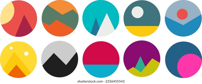 Modern art collection of geometric minimal landscape. Trendy color contemporary poster set of mountain view, sun, sea