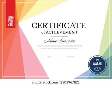 Modern art colorful certificate of achievement template with place for your content - horizontal premium modern rainbow style version with color blocks. Artistic certificate diploma template.