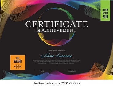 Modern art colorful certificate of achievement template with place for your content - horizontal premium modern rainbow style version on black. Artistic certificate diploma template.