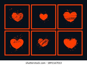 Composición de arte moderno con corazones rojos sobre fondo negro. Impresión minimalista contemporánea.