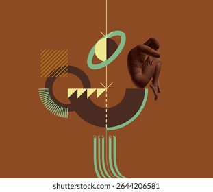 Composición de arte moderno con formas y Formas geométricas simples. Vista de cuerpo entero de hombre triste y estresado sentado acurrucado con la cabeza sobre las rodillas. Concepto de desesperación, depresión, desesperanza o adicción. 