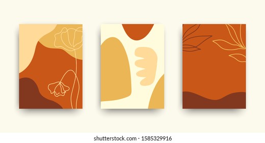 Modern art covers templates set. Collage with abstract shapes and one line floral drawings. Brochures, posters backgrounds, branding design, warm earthy colors, digital painting. Vector design