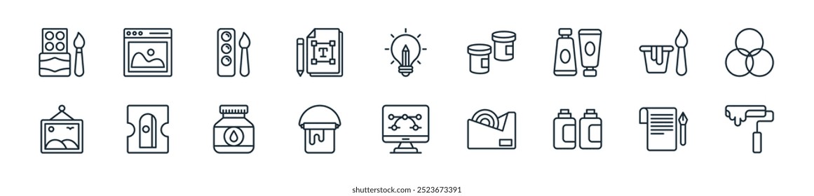 modern art and craft icon pack. perfect for linear ui designs featuring vector paint roller, quill, paint bucket, wrapper, graphic de, paint, ink bottle and more icons for mobile and web apps.