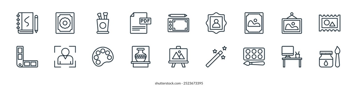 modern art and craft icon pack. perfect for linear ui designs featuring vector watercolor, painting, palette, magic wand, canvas, vase, watercolor and more icons for mobile and web apps.