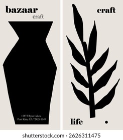 Modern art cutout design posters with ceramic vase and floral motif, english typography flyer design for advertisement, social media and home decor. Vector illustration in bold black and white colors