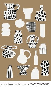 Arte moderna recorte design minimalista vasos preto e branco com padrões abstratos de rabiscos como pontos e arcos em um fundo bege em um estilo plano. Vetor home decoração arte cartaz ilustração